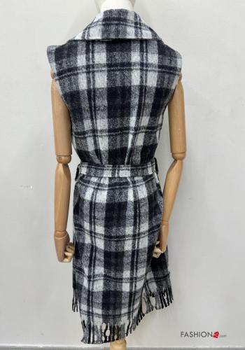 Veston en Mélange de Laine Motif tartan à franges avec ceinture en tissu - ph 6