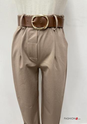 hoher Taille Hose aus Baumwolle mit Gürtel mit Taschen - ph 2
