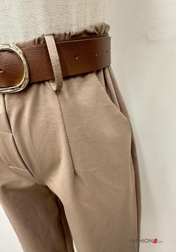 hoher Taille Hose aus Baumwolle mit Gürtel mit Taschen - ph 3