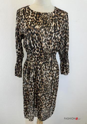 Abito al ginocchio maniche lunghe girocollo Fantasia animalier con elastico - ph 2