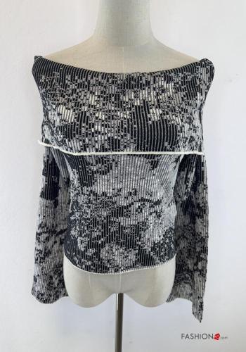 Abstract print long sleeve Sweater with elastic bardot neckline - ph 2