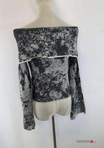 Abstract print long sleeve Sweater with elastic bardot neckline - ph 5
