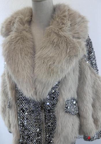 Kunstfell lange ärmel Jacke mit Pailletten mit Reißverschluss mit Taschen - ph 2