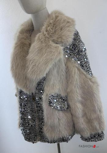 Kunstfell lange ärmel Jacke mit Pailletten mit Reißverschluss mit Taschen - ph 3