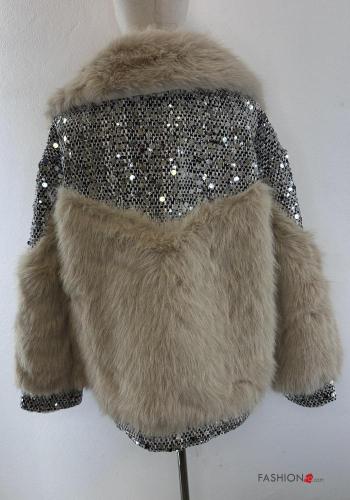 Kunstfell lange ärmel Jacke mit Pailletten mit Reißverschluss mit Taschen - ph 4