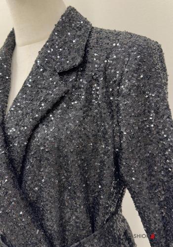 Blazer maniche lunghe con cintura in stoffa con paillettes con tasche - ph 2