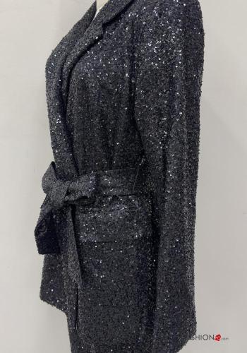 Blazer maniche lunghe con cintura in stoffa con paillettes con tasche - ph 3