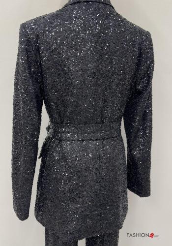 Blazer maniche lunghe con cintura in stoffa con paillettes con tasche - ph 4