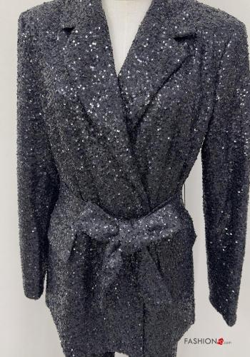 Blazer maniche lunghe con cintura in stoffa con paillettes con tasche - ph 5