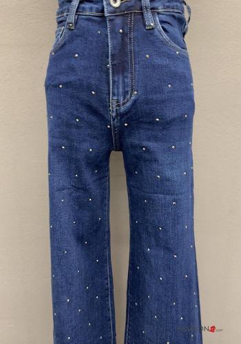 flared high waist Cotton Jeans with buttons with pockets with rhinestones with zip - ph 2