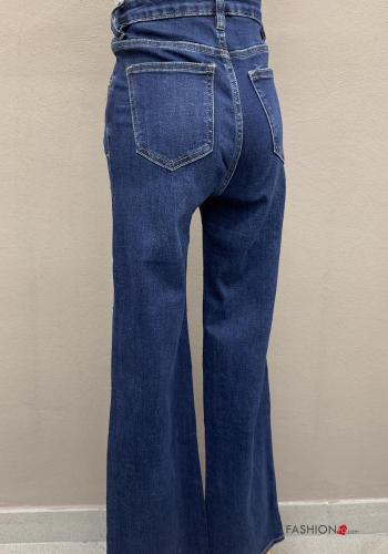 flared high waist Cotton Jeans with buttons with pockets with rhinestones with zip - ph 4