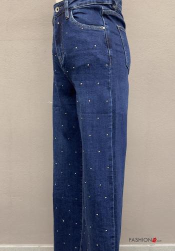 flared high waist Cotton Jeans with buttons with pockets with rhinestones with zip - ph 5