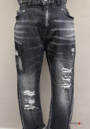 hoher Taille zerrissene destroyed Jeans aus Baumwolle mit Knöpfen mit gummizug mit Reißverschluss mit Taschen - ph 2