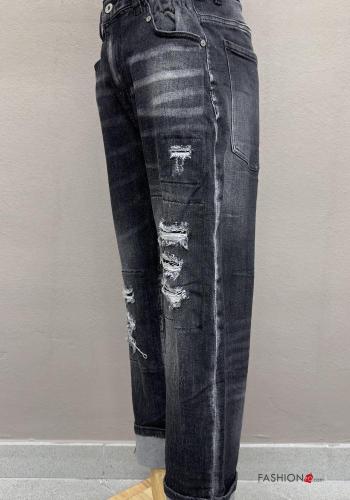 hoher Taille zerrissene destroyed Jeans aus Baumwolle mit Knöpfen mit gummizug mit Reißverschluss mit Taschen - ph 4