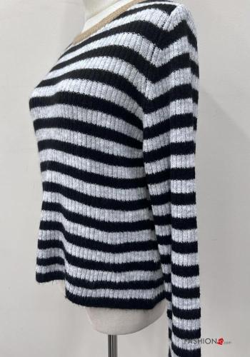 Striped Ribbed crew neck long sleeve Wool Mix Sweater - ph 4