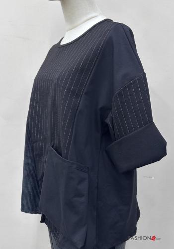 Blusa girocollo oversize maniche lunghe Fantasia righe con tasche - ph 4