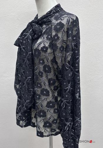 Floral lace trim long sleeve Shirt with bow - ph 3