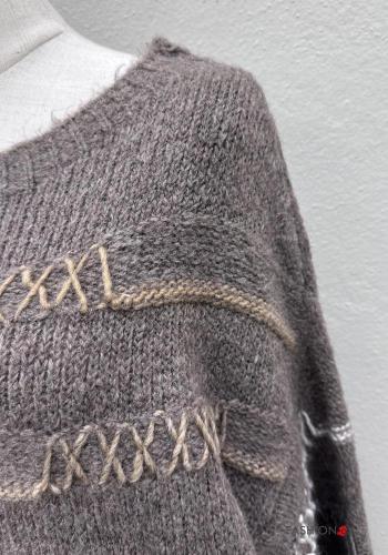 Maglione in Misto Lana girocollo oversize maniche lunghe Fantasia ricamata - ph 3