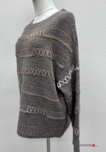 Maglione in Misto Lana girocollo oversize maniche lunghe Fantasia ricamata - ph 5