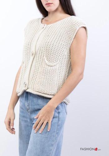 Embroidered sleeveless crew neck knitted Cardigan with buttons with pockets - ph 3