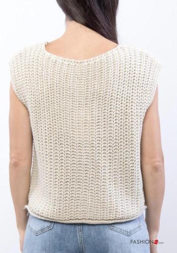 Embroidered sleeveless crew neck knitted Cardigan with buttons with pockets - ph 4