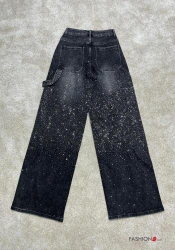 Vaqueros de Algodón tela vaquera wide leg con botones con cremallera con brillantes con bolsillos - ph 3