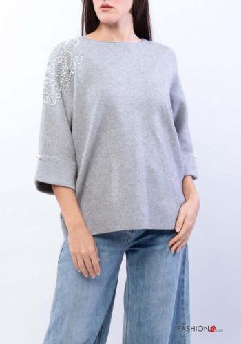 crew neck Sweater with pearls 3/4 sleeve with rhinestones - ph 1