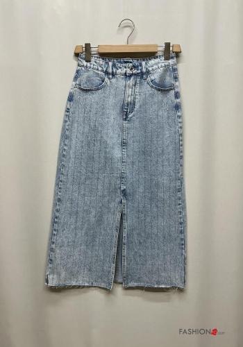 Falda de Algodón tela vaquera Longuette con abertura con cremallera con botones con bolsillos con brillantes - ph 2