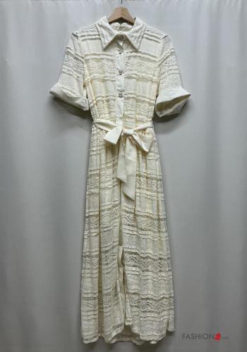 Embroidered lace trim with collar Dress with fabric belt 3/4 sleeve with buttons - ph 2