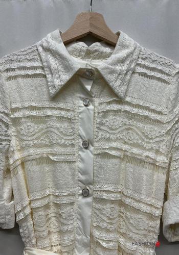 Embroidered lace trim with collar Dress with fabric belt 3/4 sleeve with buttons - ph 3