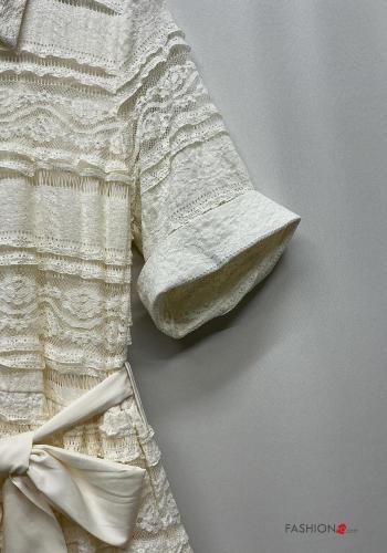 Embroidered lace trim with collar Dress with fabric belt 3/4 sleeve with buttons - ph 4