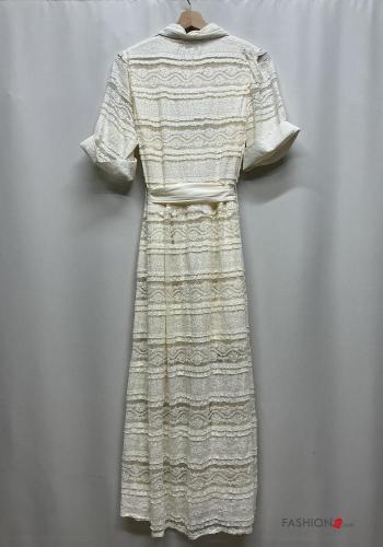 Embroidered lace trim with collar Dress with fabric belt 3/4 sleeve with buttons - ph 5