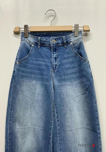 Vaqueros de Algodón cintura alta tela vaquera wide leg con bolsillos con cremallera con botones - ph 3