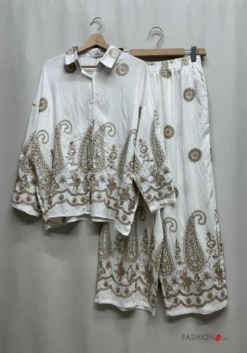 Chemise en Lin wide leg à collet manches longues Imprimé paisley à boutons avec élastique - ph 2