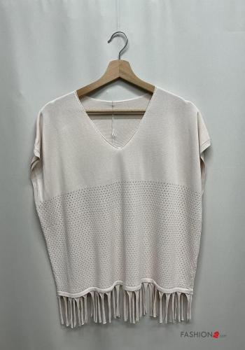 kurze ärmel Strickpullover aus Baumwolle mit V-Ausschnitt mit Fransen - ph 2