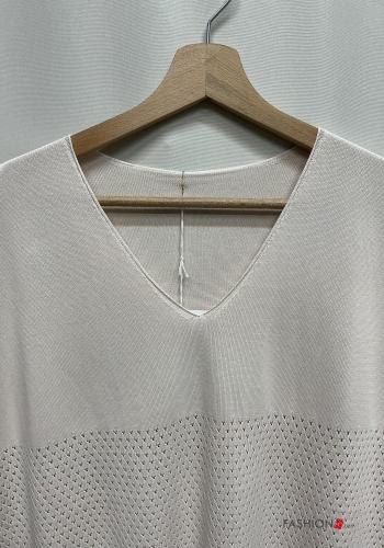 kurze ärmel Strickpullover aus Baumwolle mit V-Ausschnitt mit Fransen - ph 3