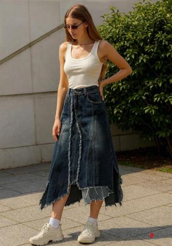 denim asymmetrical Cotton Skirt with split with zip with buttons with pockets - ph 1
