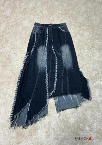 denim asymmetrical Cotton Skirt with split with zip with buttons with pockets - ph 3