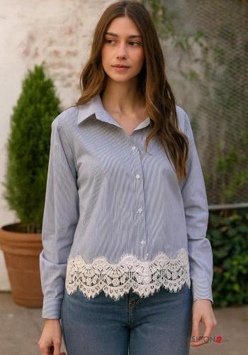 Chemise en Coton manches longues détail dentelle à collet Imprimé à rayures à boutons - ph 1