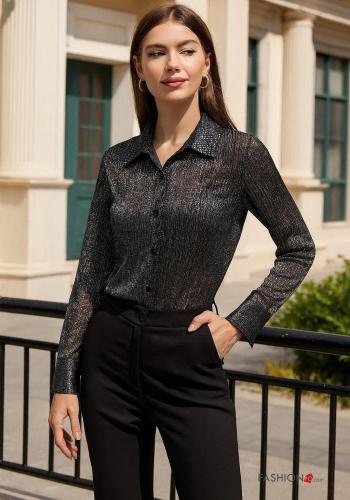 Chemise manches longues à collet à paillettes à boutons - ph 1