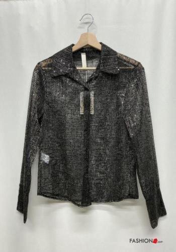 Chemise manches longues à collet à paillettes à boutons - ph 6