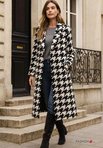 Hahnentritt Muster lange ärmel Mantel mit Knöpfen ohne Futter mit Taschen - ph 1
