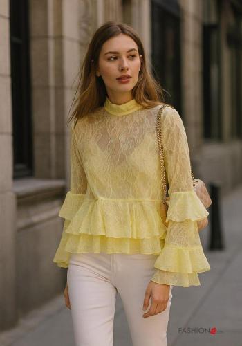 Blusa pizzo maniche lunghe Fantasia ricamata a collo alto con balze - ph 1