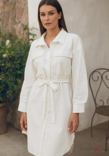 Robe chemise en Coton manches longues à boutons avec ceinture en tissu - ph 1