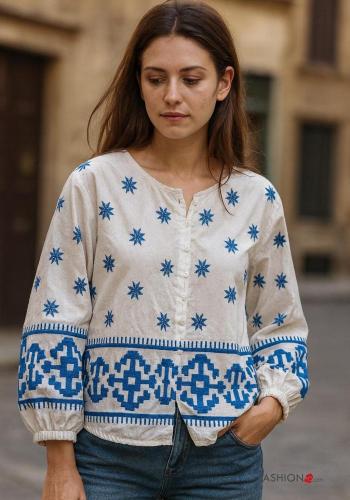 Chemise en Coton manches longues col rond à broderie à boutons - ph 1