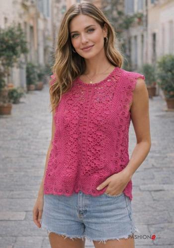 Top senza maniche girocollo Fantasia ricamata con zip - ph 1