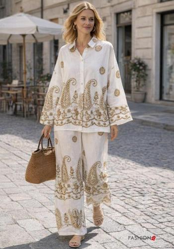 Chemise en Lin wide leg à collet manches longues Imprimé paisley à boutons avec élastique - ph 1