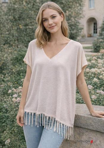 Jersey de Algodón manga corta con cuello en v con flecos - ph 1