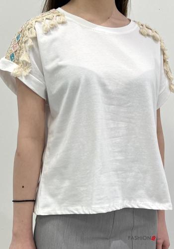 T-shirt in Cotone maniche corte girocollo Fantasia ricamata con frange - ph 2
