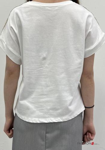T-shirt in Cotone maniche corte girocollo Fantasia ricamata con frange - ph 3